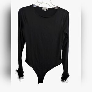 2514) Faded Rose Essentials Black Feather Trim Bodysuit Size Large